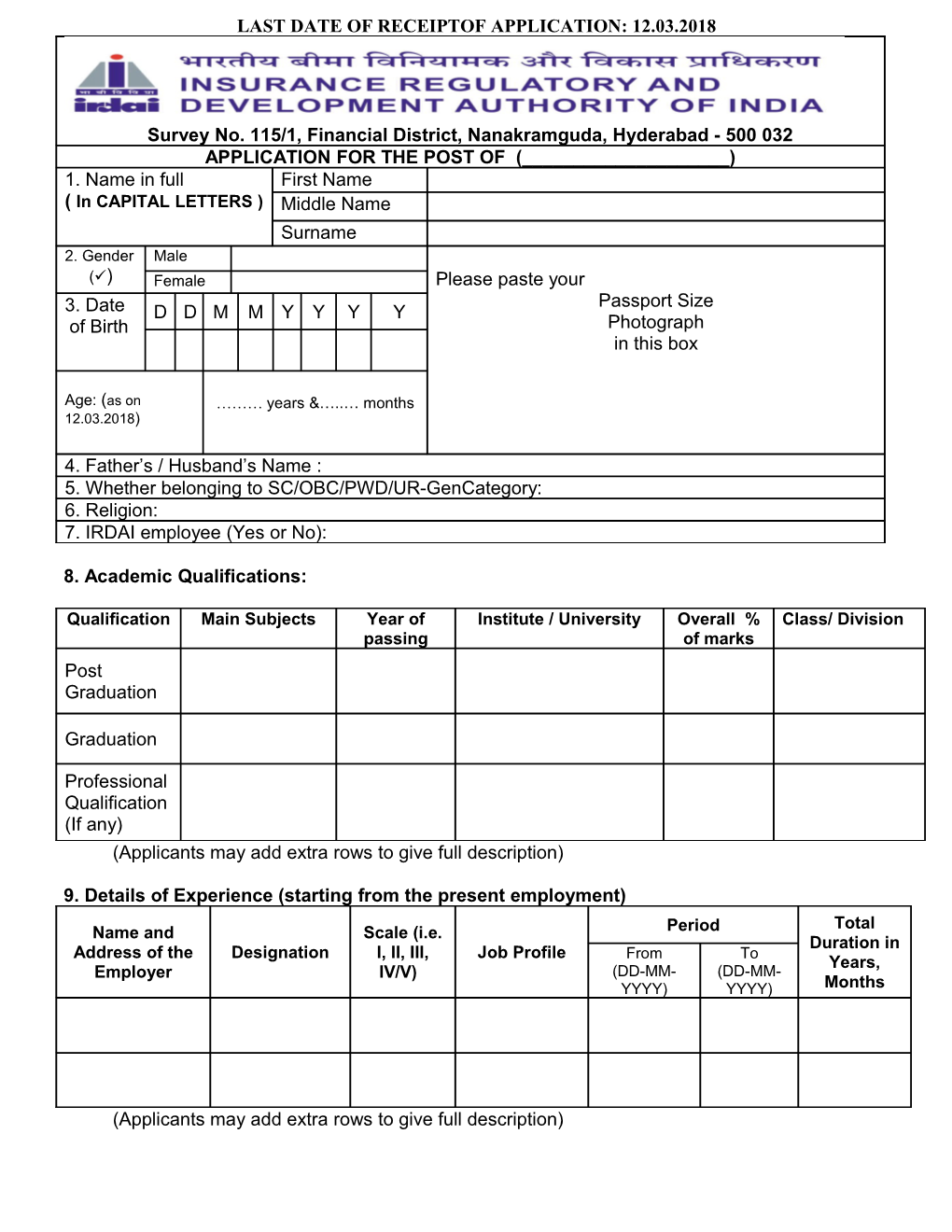 Application for the Post of Assistant (Secretarial)