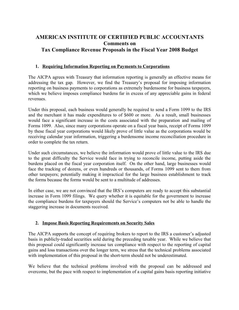 AICPA Comments on Fiscal 2008 Tax Compliance Revenue Proposals