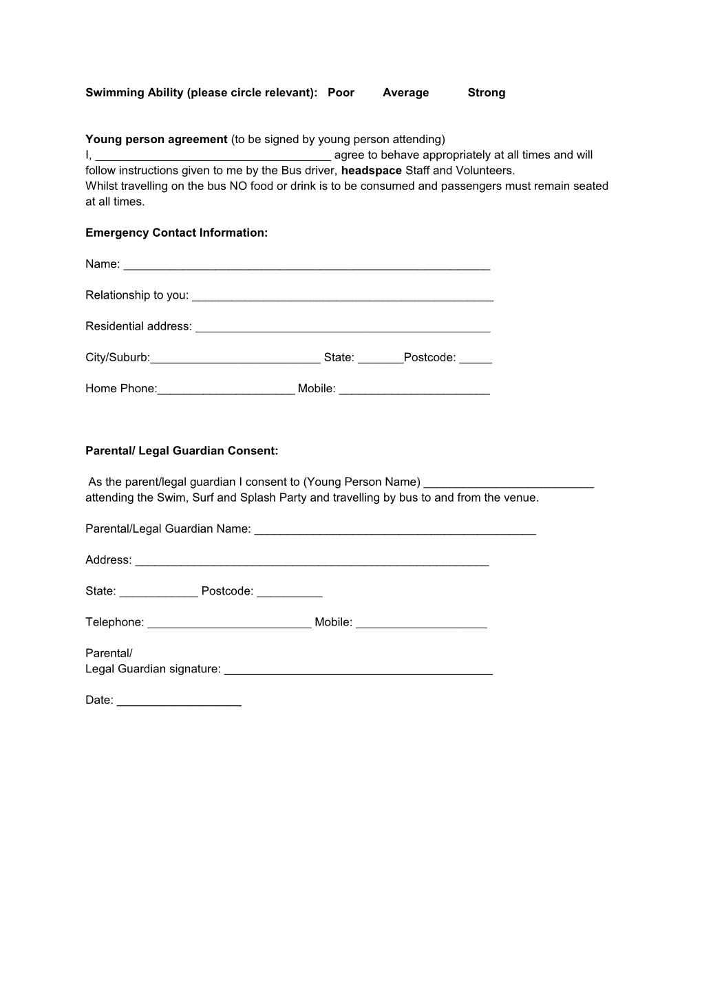CONSENT FORM FOR: Headspace Cairns Swim, Surf and Splash Party