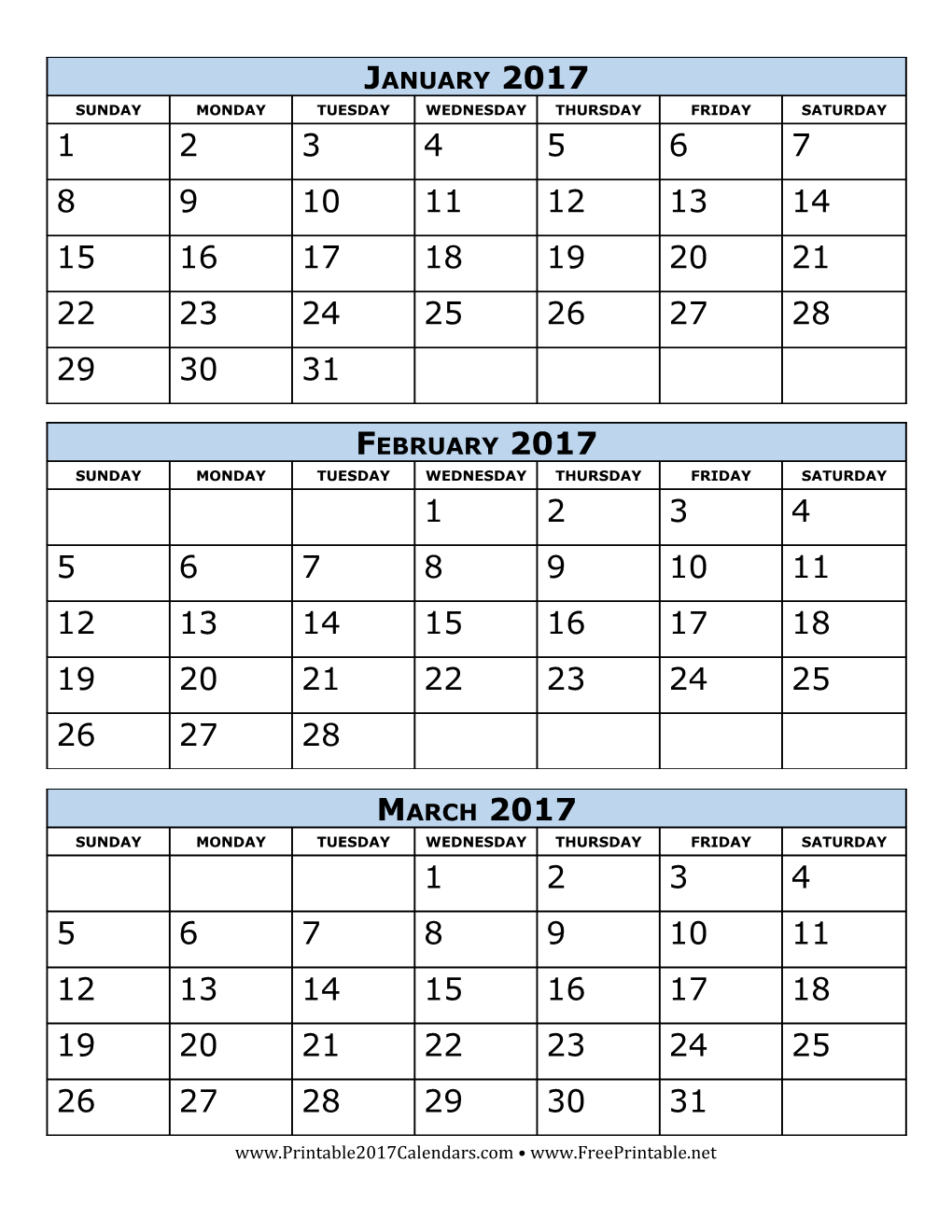 Printable 2017 Calendars: 2017 Calendar Three Months Per Page