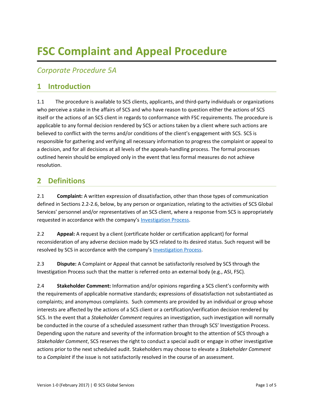 FSC Complaint and Appeal Procedure