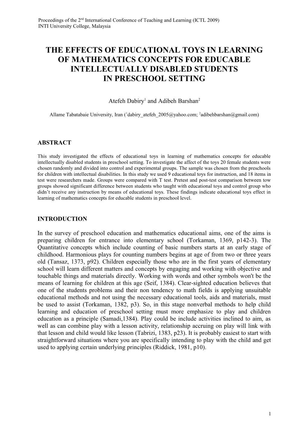 The Effects Of Educational Toys In Learning Of Mathematics Concepts For Educable Intellectually Disabled Students In Preschool Setting