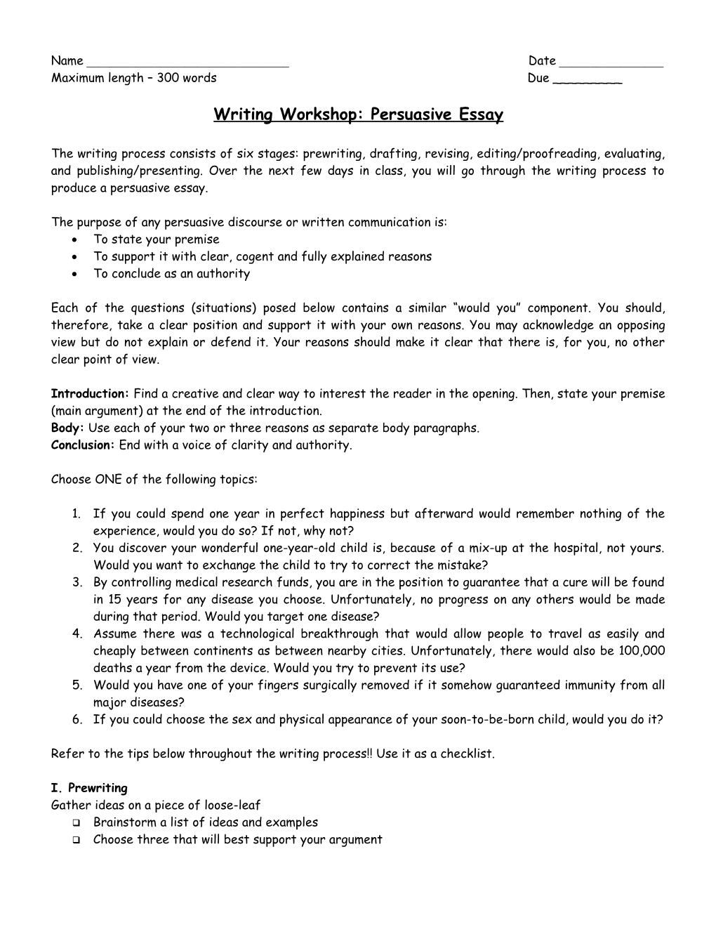 Writing Workshop: Persuasive Essay
