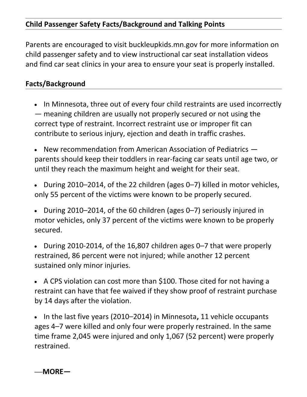 Child Passenger Safety Facts/Background and Talking Points