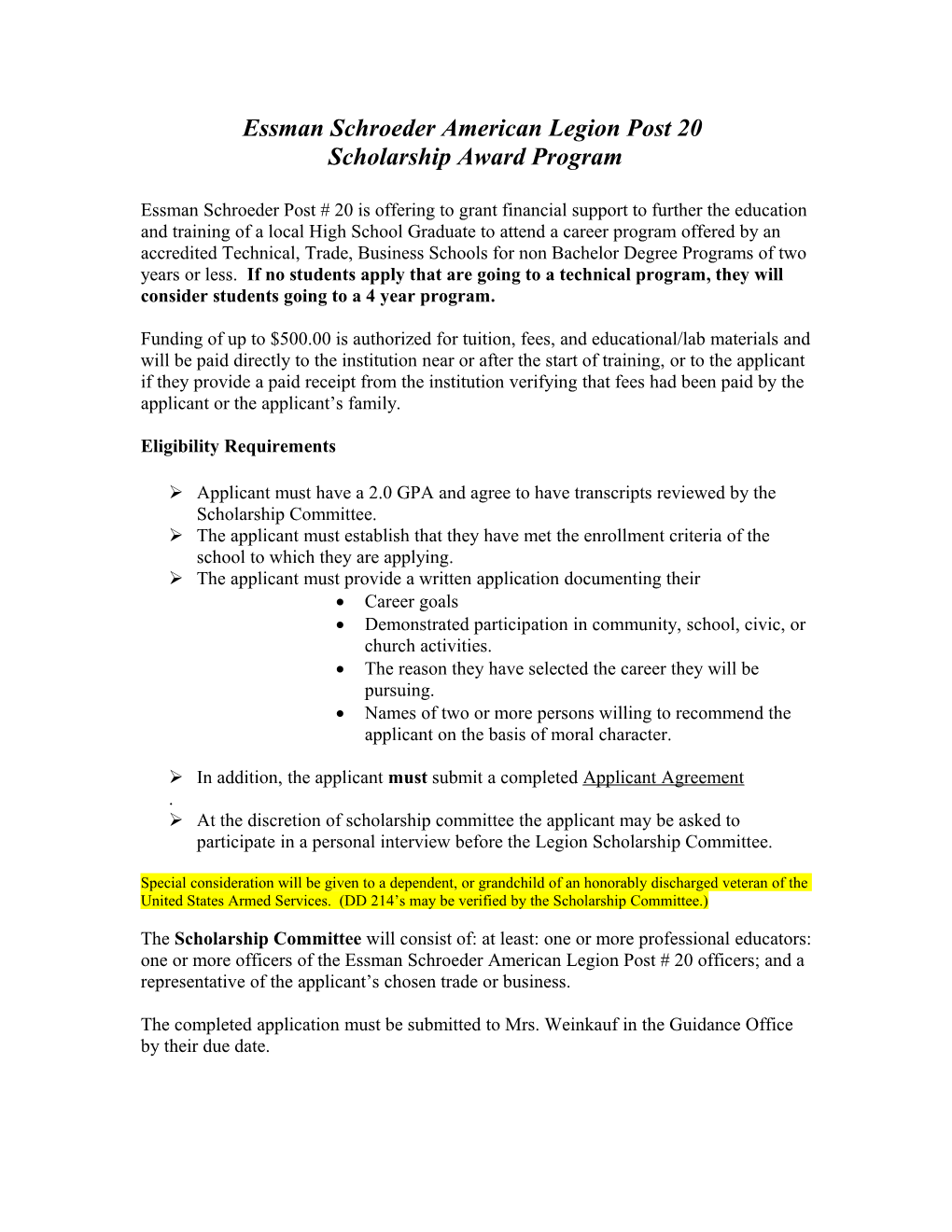 Essman Schroeder American Legion Post 20 Scholarship Application