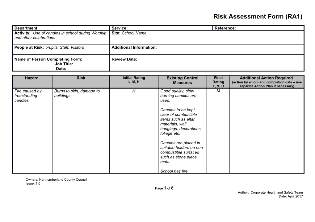 Risk Assessment Form - Blank Template