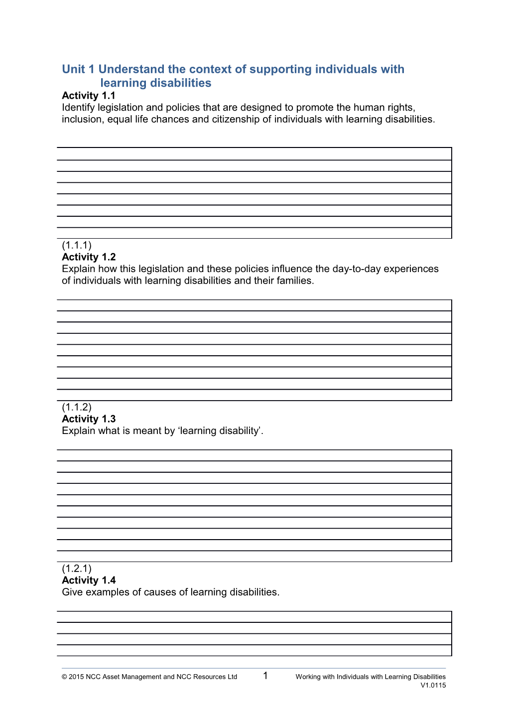 Unit 1 Understand the Context of Supporting Individuals with Learning Disabilities