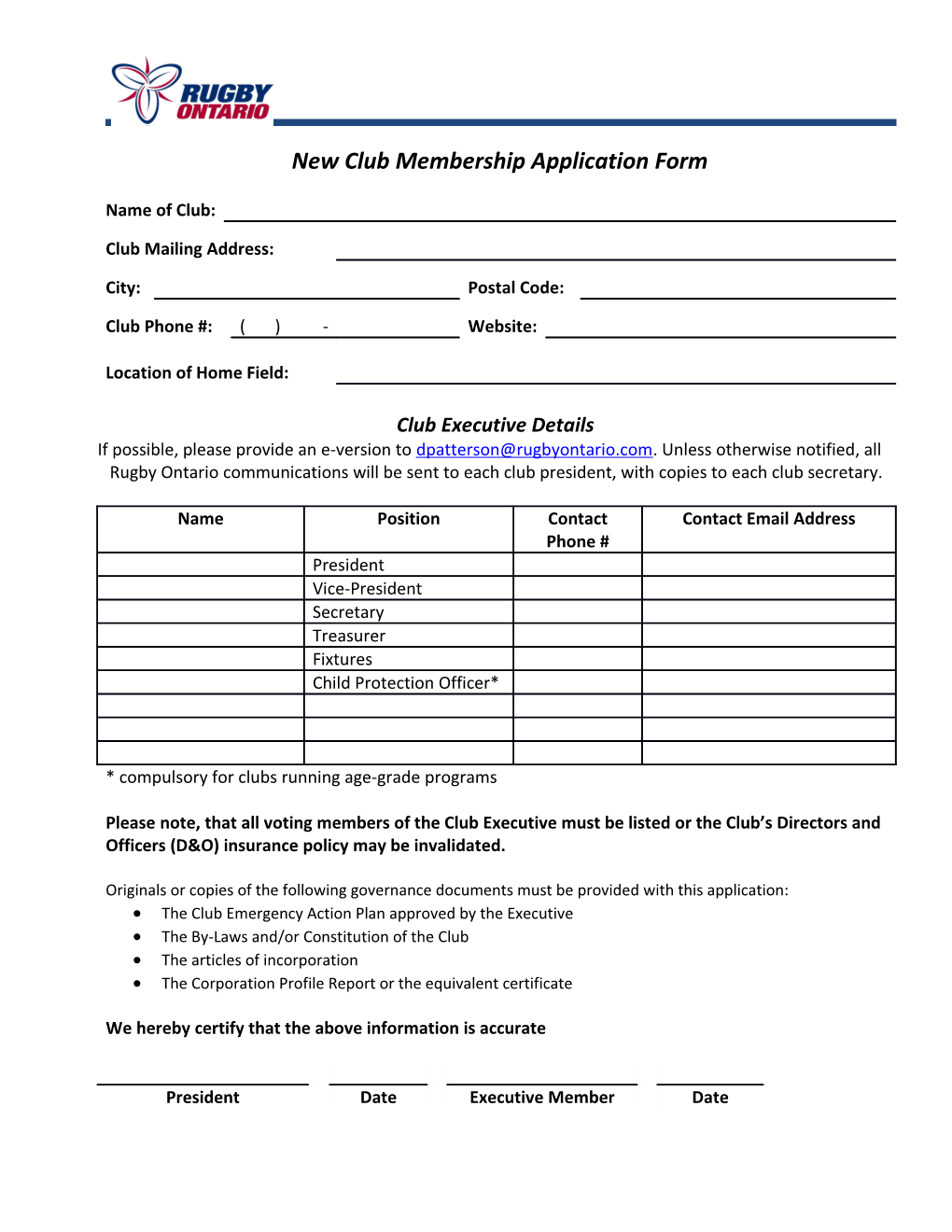 New Club Membership Application Form