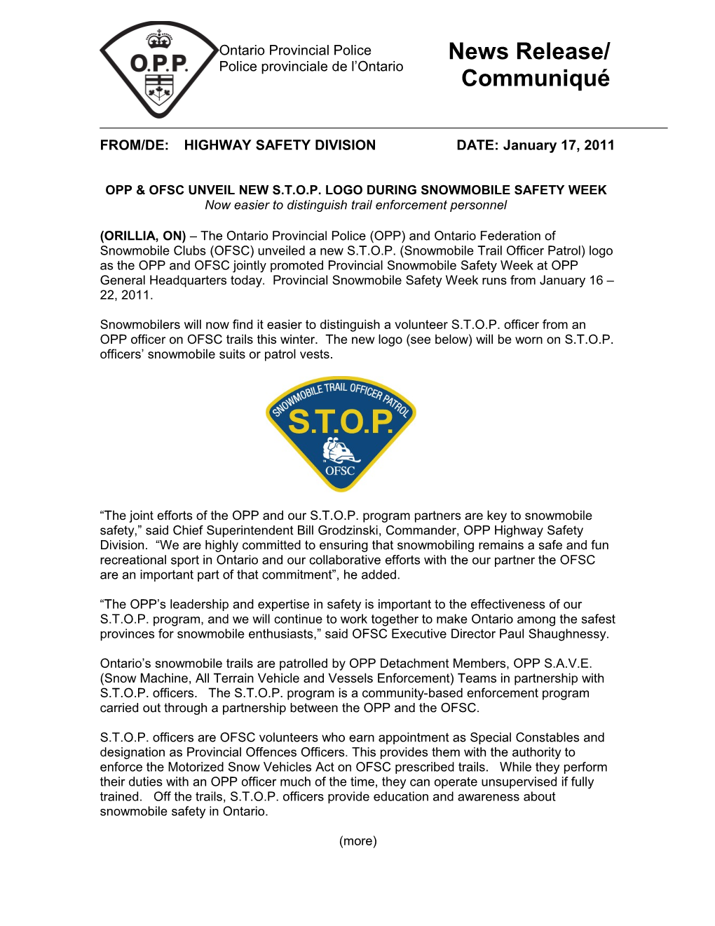 OPP & OFSC UNVEIL New S.T.O.P. Logo During Snowmobile Safety Week