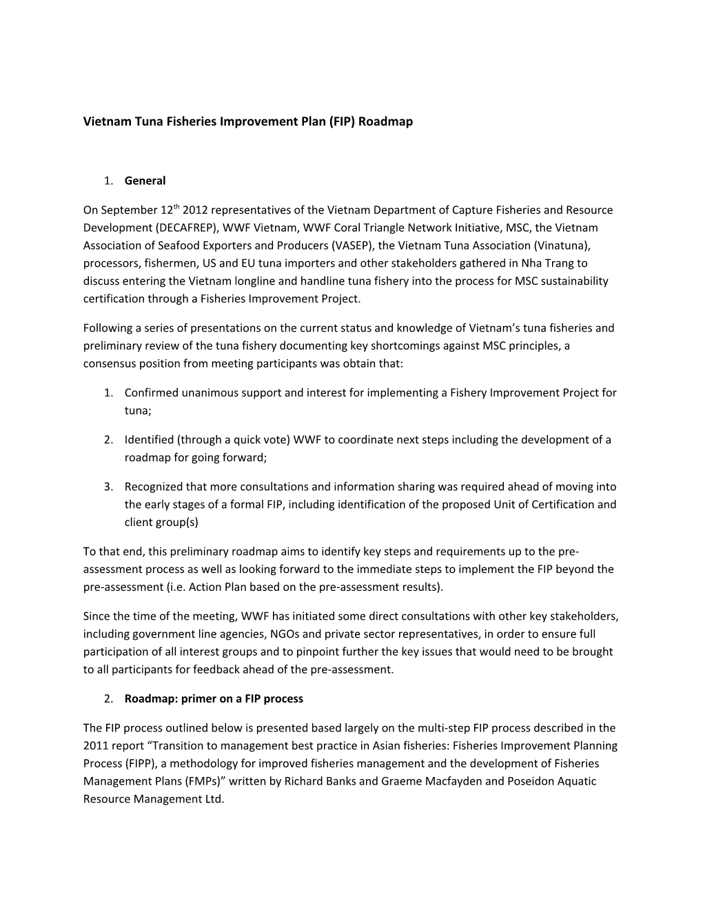 Vietnam Tuna Fisheries Improvement Plan (FIP) Roadmap