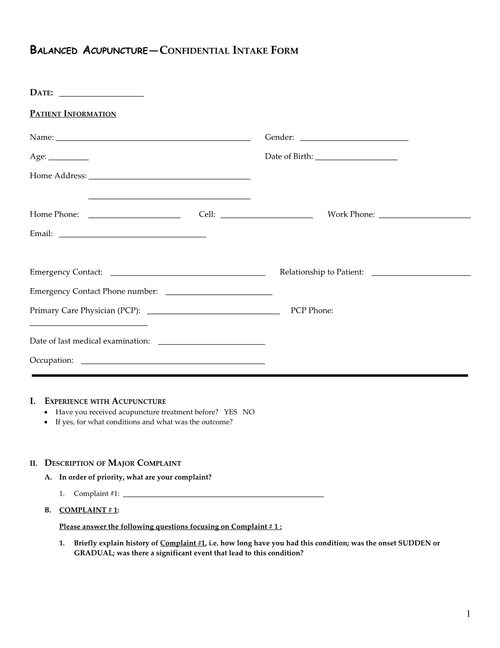 Balanced Acupuncture Confidential Intake Form