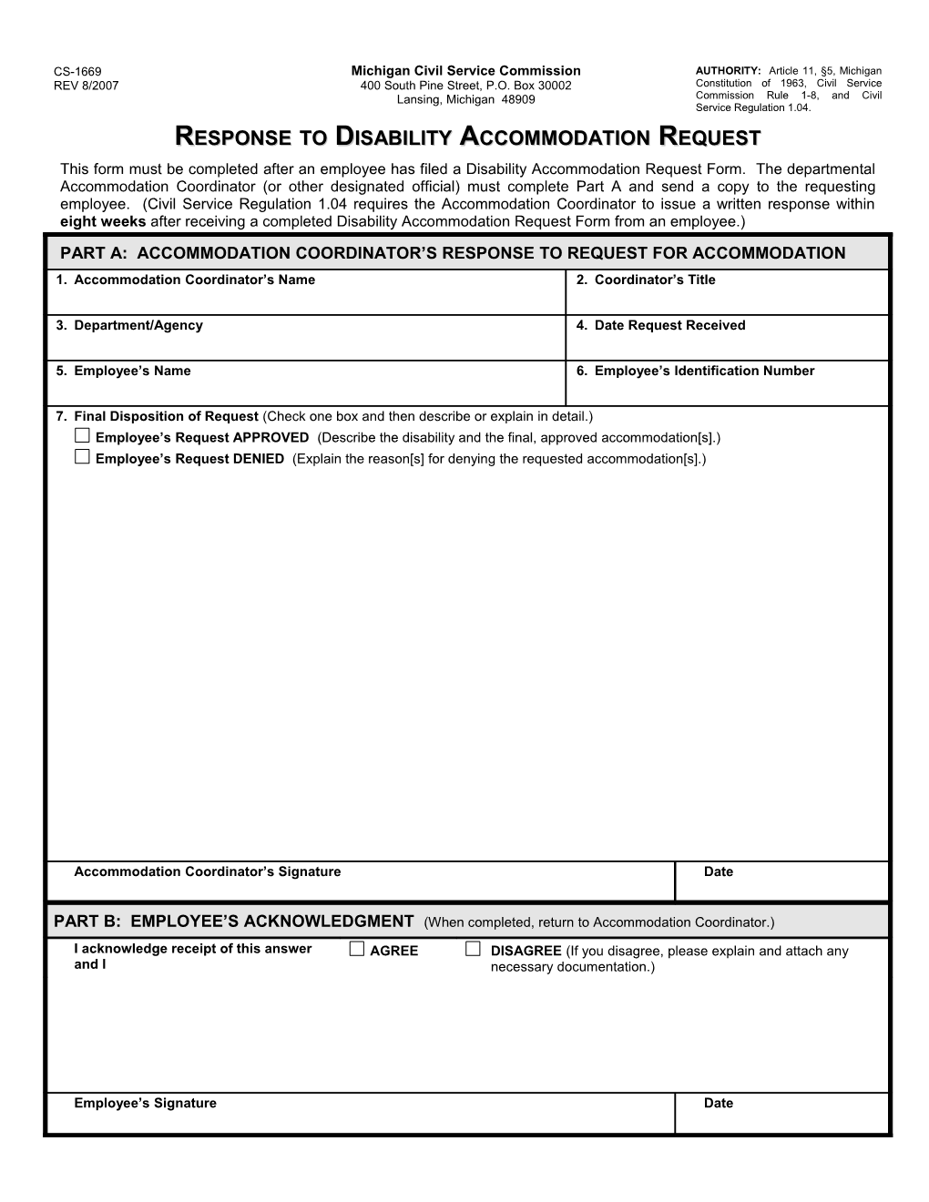 CS-1669 Reasonable Accommodation Response