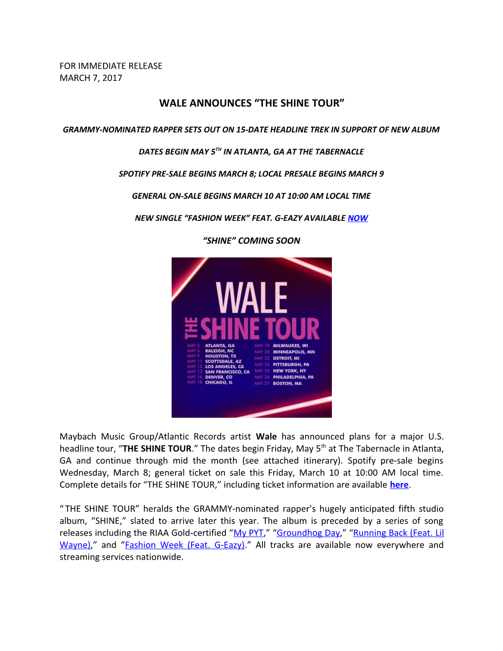 Wale Announces the Shine Tour