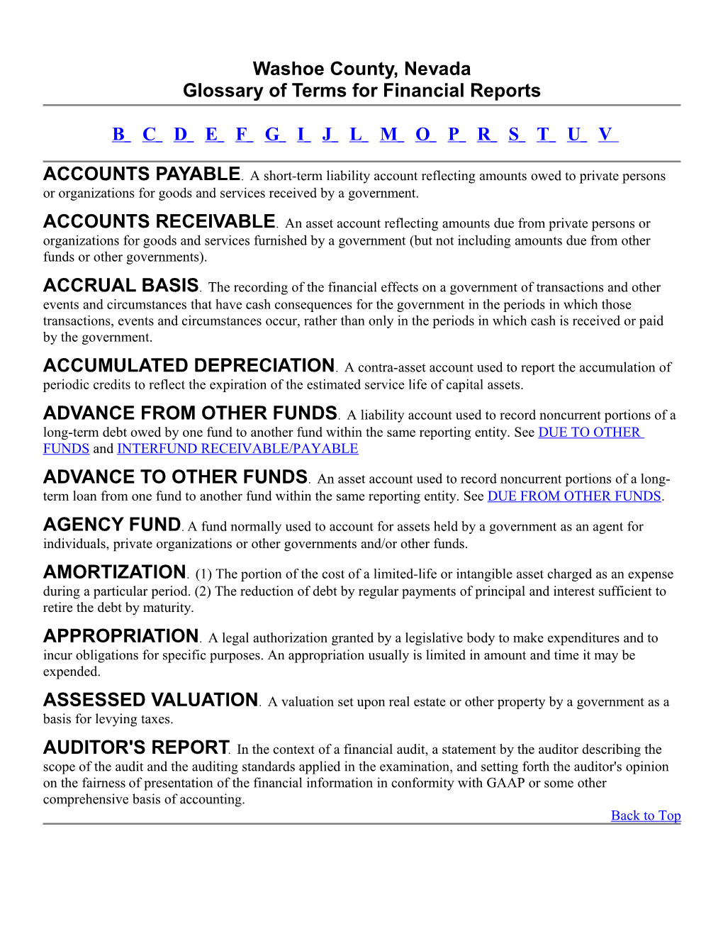 Washoe County, Nevada Glossary of Terms for Financial Reports
