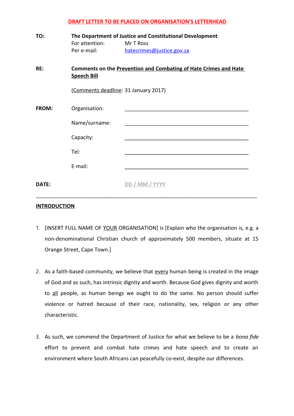 Draft Letter to Be Placed on Organisation S Letterhead