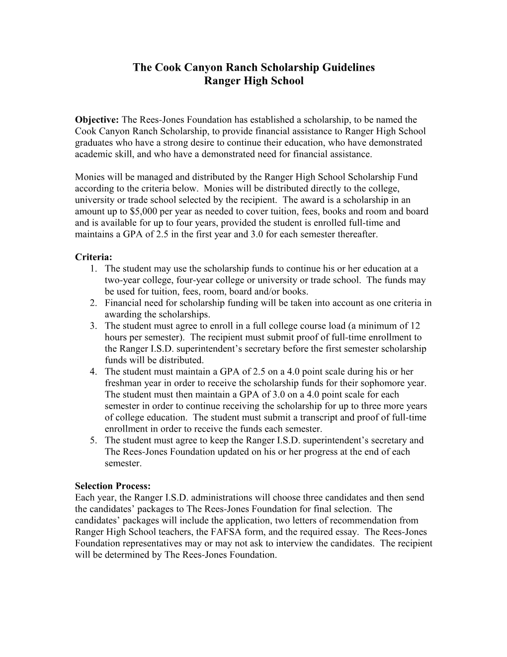 The Cook Canyon Ranch Scholarship Guidelines