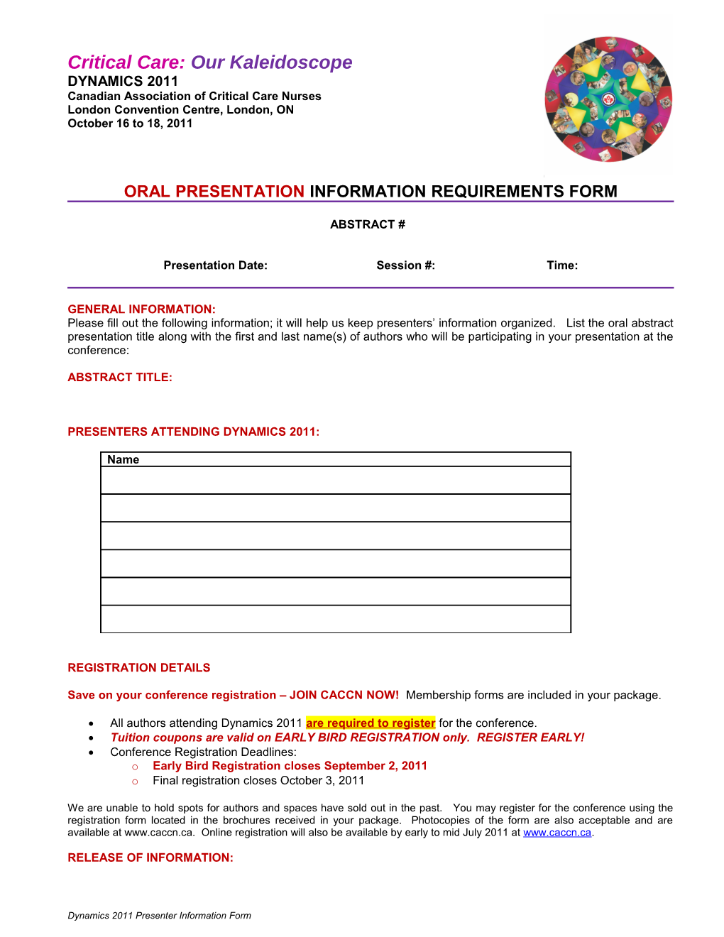 Oral Presentation Information Requirements Form