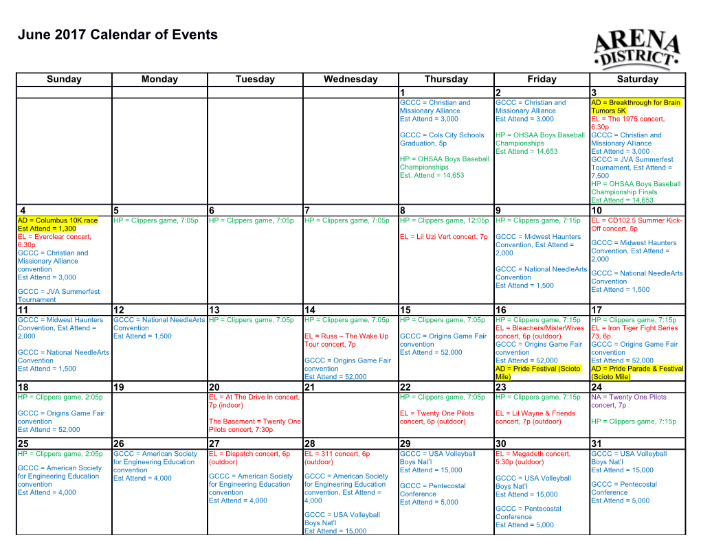 June 2017 Calendar of Events