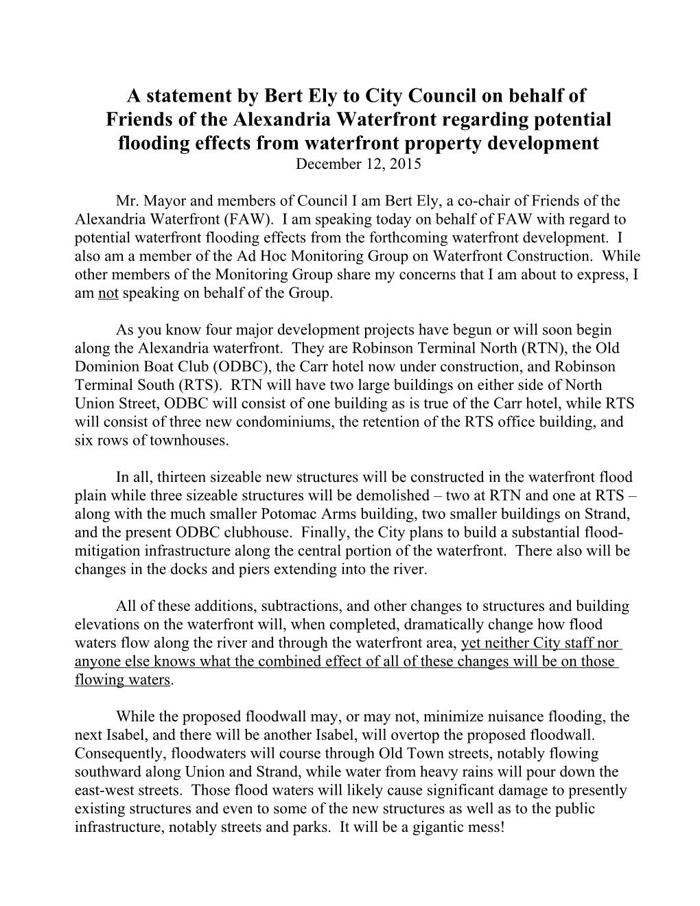 A Statement by Bert Ely to the Alexandria Planning