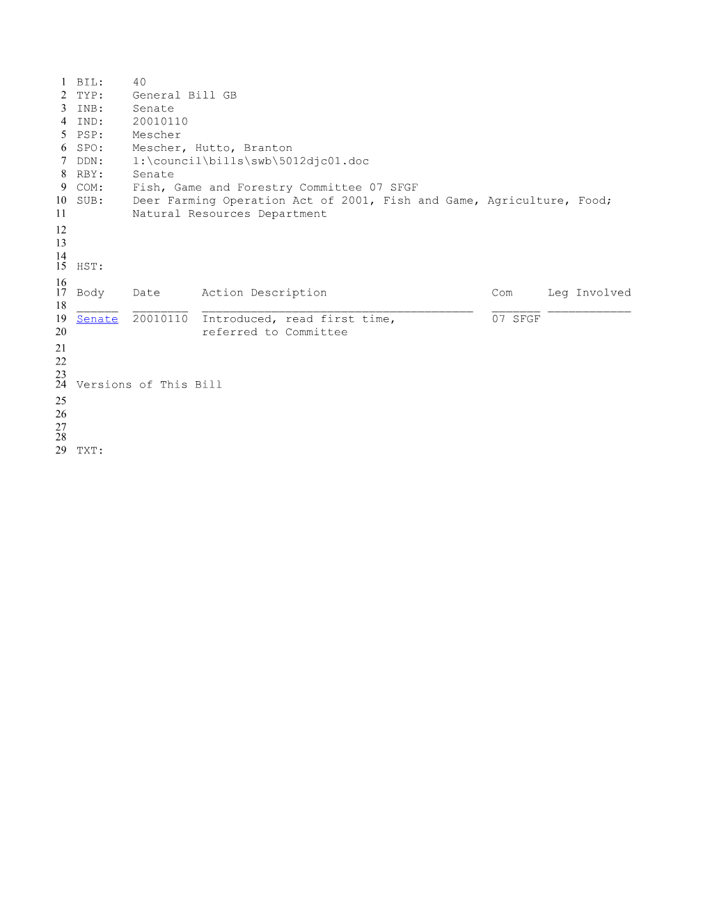 2001-2002 Bill 40: Deer Farming Operation Act of 2001, Fish and Game, Agriculture, Food;