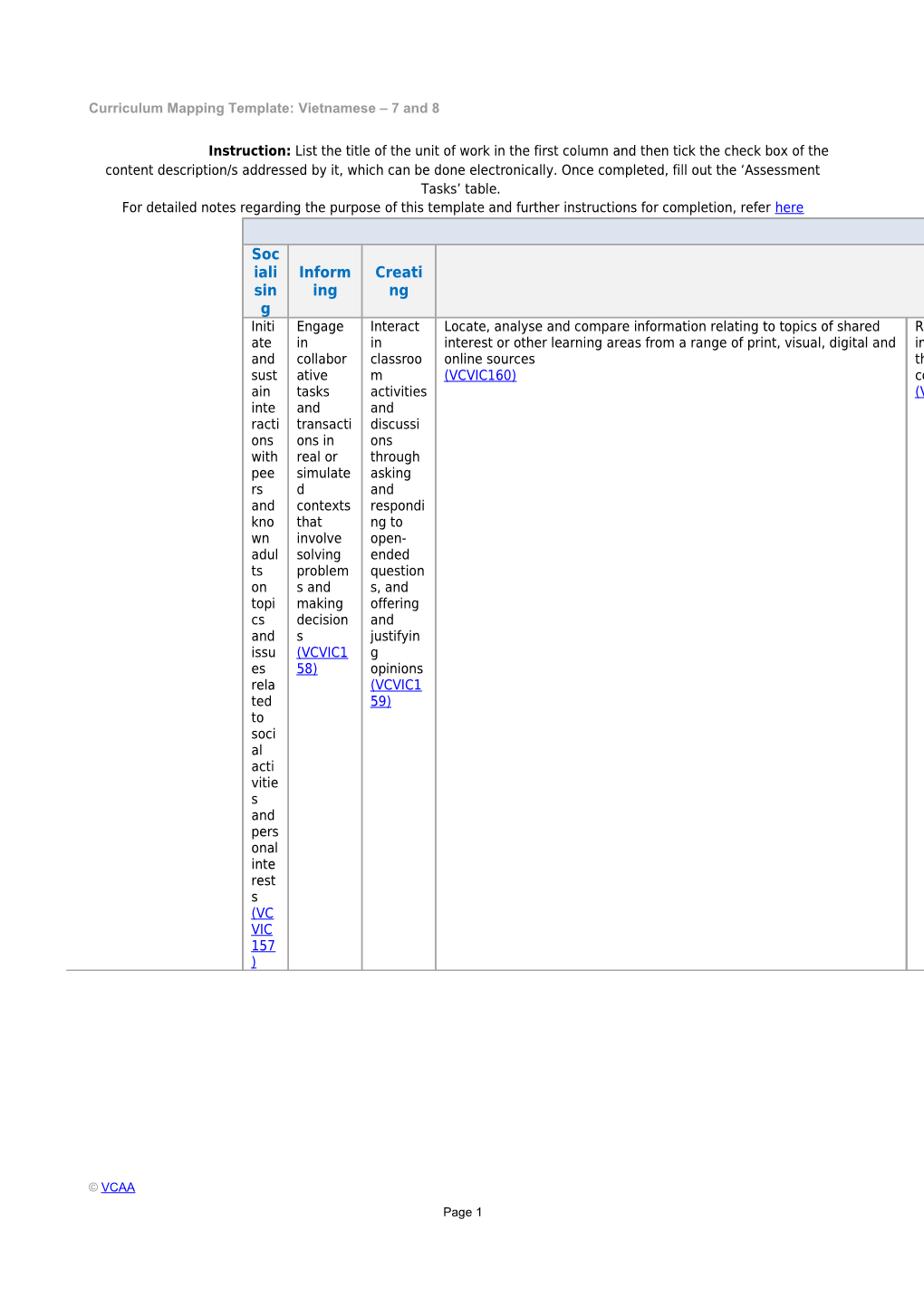 Curriculum Mapping Template: Vietnamese 7 and 8