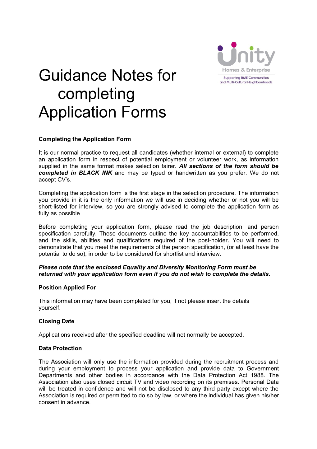 Guidance Notes for Completing