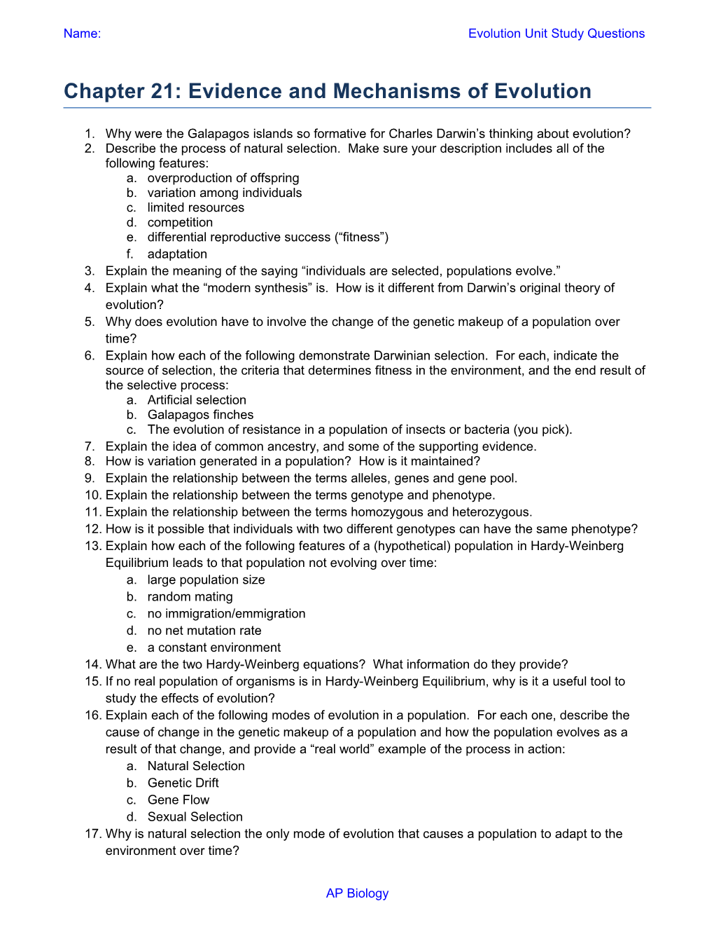 Name: Evolution Unit Study Questions