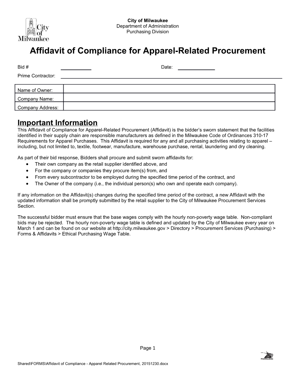 Affidavit of Compliance for Apparel-Related Procurement