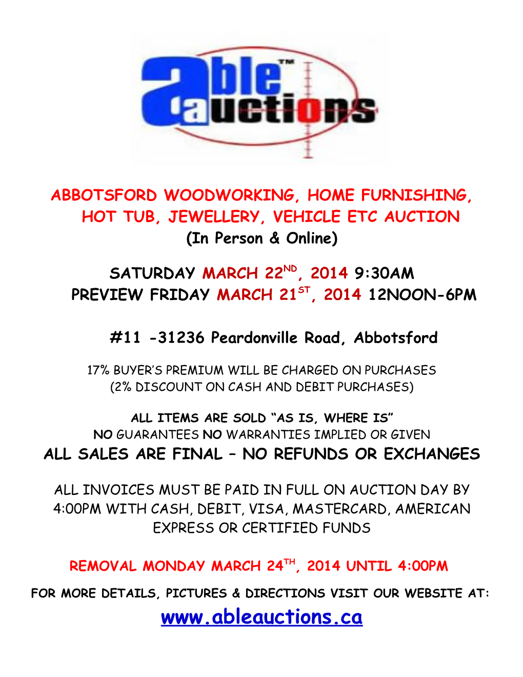 Abbotsford Woodworking, Home Furnishing, Hot Tub, Jewellery, Vehicle Etc Auction