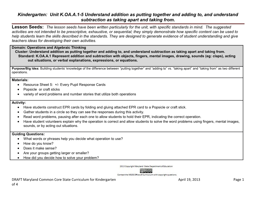 Kindergarten: Unit K.OA.A.1-5 Understand Addition As Putting Together and Adding To, And