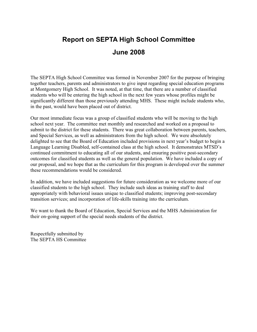Report on SEPTA High School Committee June 2008
