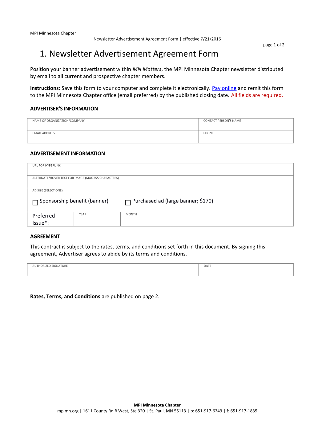 Newsletter Advertisement Agreement Form