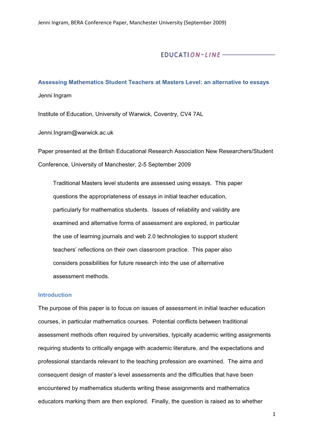 Assessing Mathematics Student Teachers at Masters Level: an Alternative to Essays