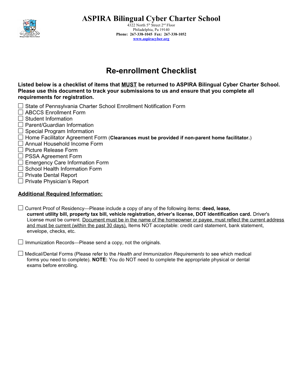 Re-Enrollment Checklist