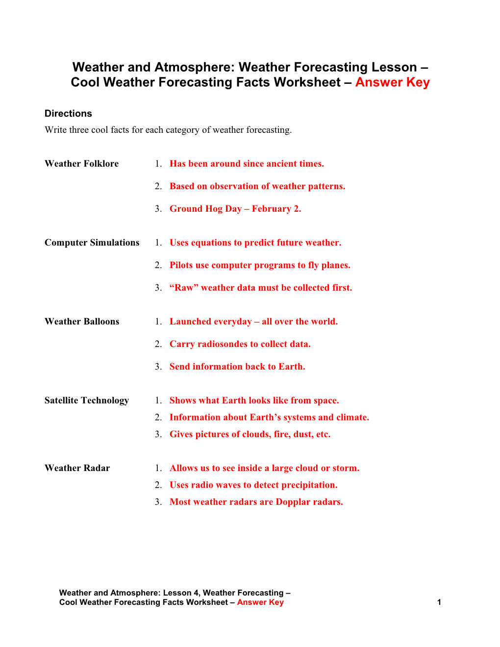 Weather and Atmosphere: Weather Forecasting Lesson Cool Weather Forecasting Facts Worksheet