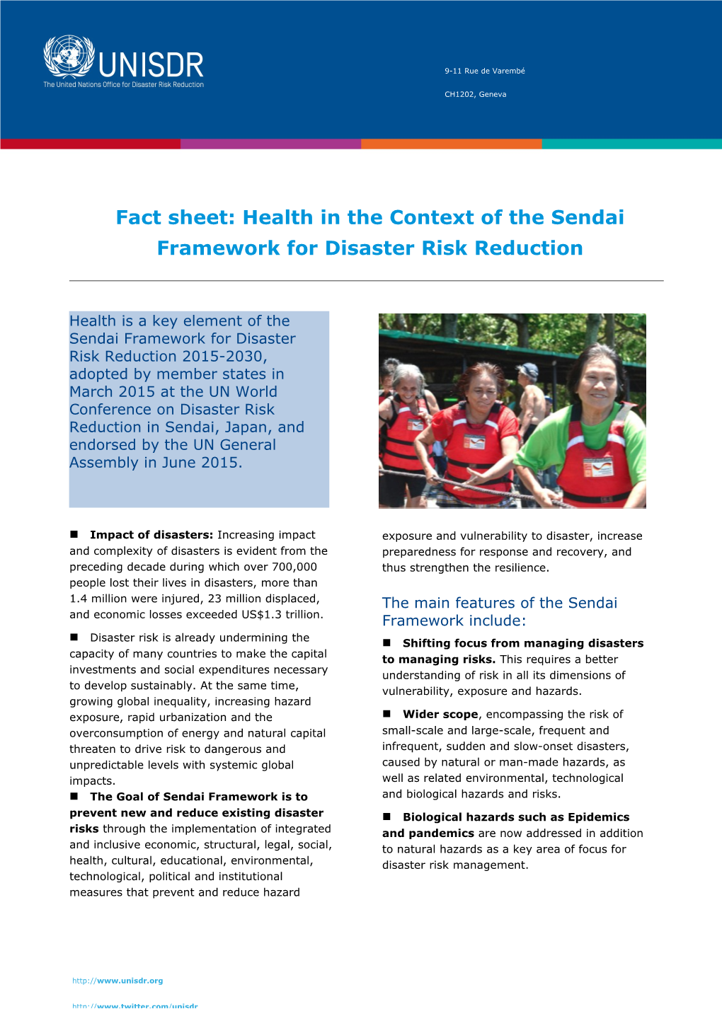 Fact Sheet: Health in the Context of the Sendai Framework for Disaster Risk Reduction