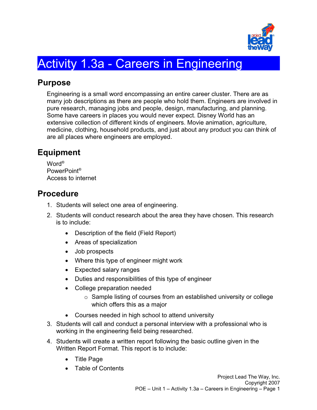 Activity 1.3A - Careers in Engineering