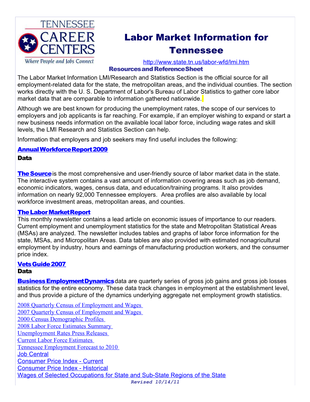 Labor Market Information for Tennessee