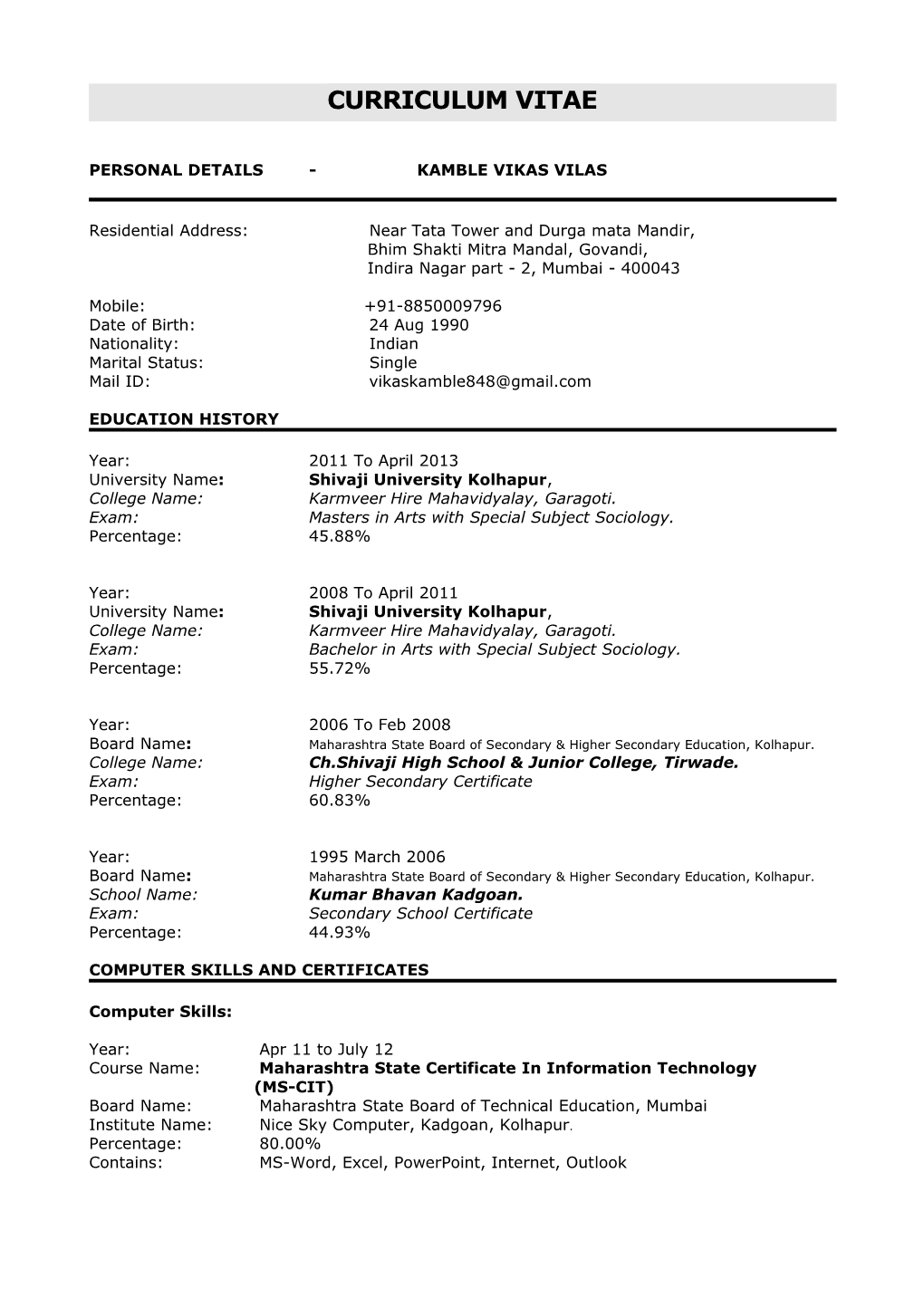 Resume Example Only