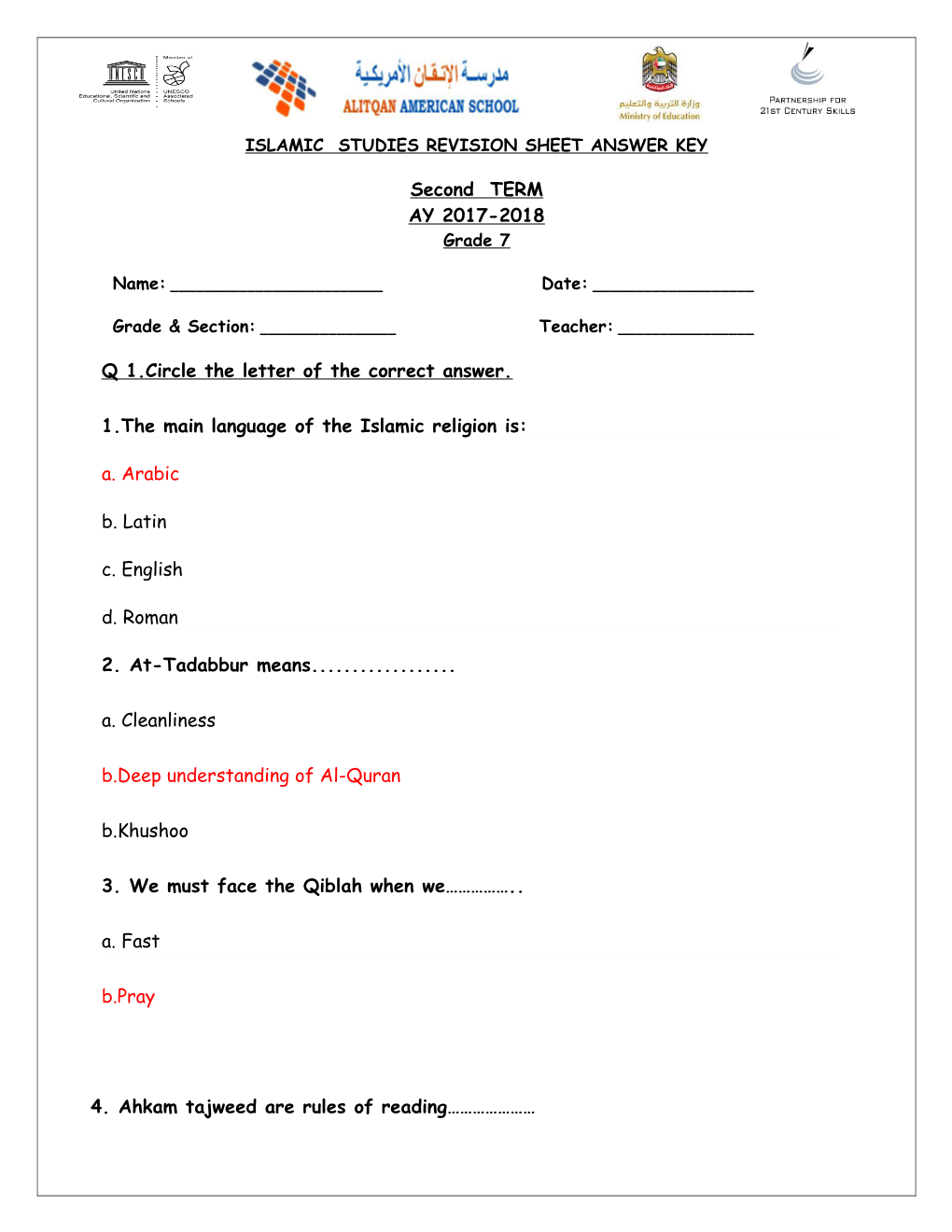 Islamic Studies Revision Sheet Answer Key