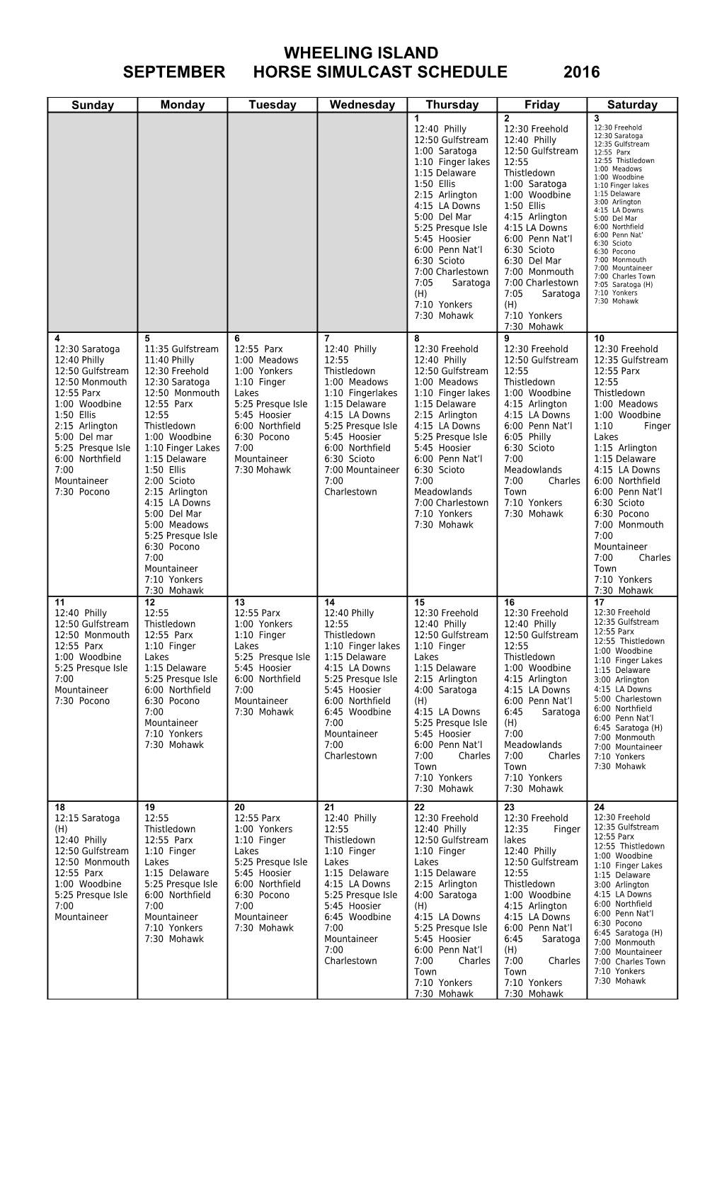September Horse Simulcast Schedule 2016