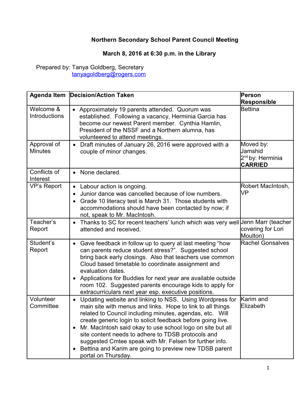 Northern Secondary School Parent Council Meeting