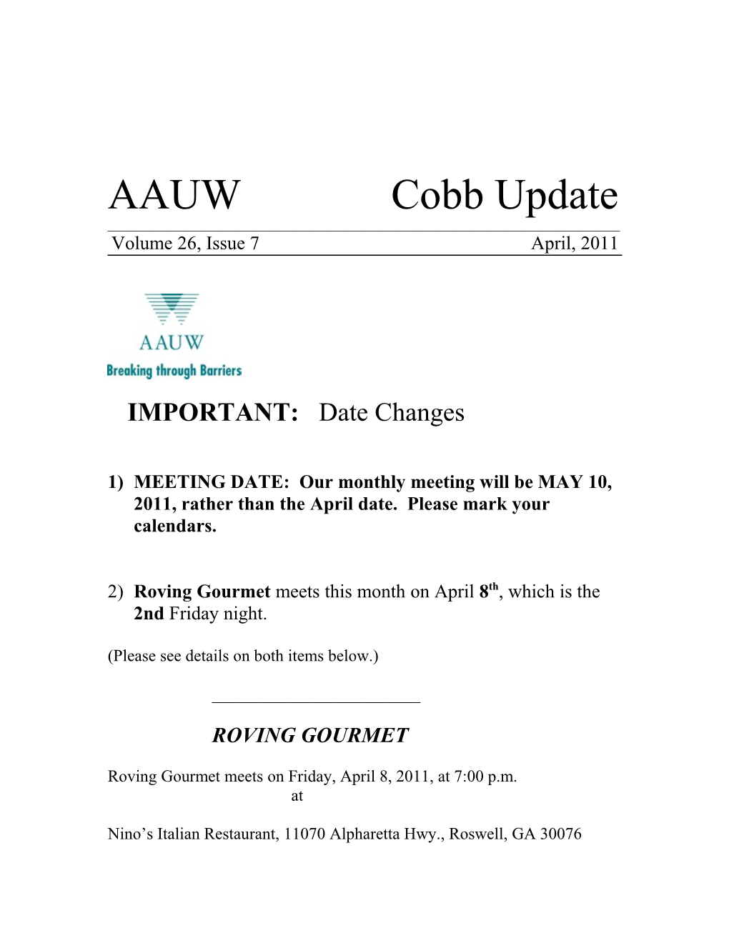 AAUW Cobb Update