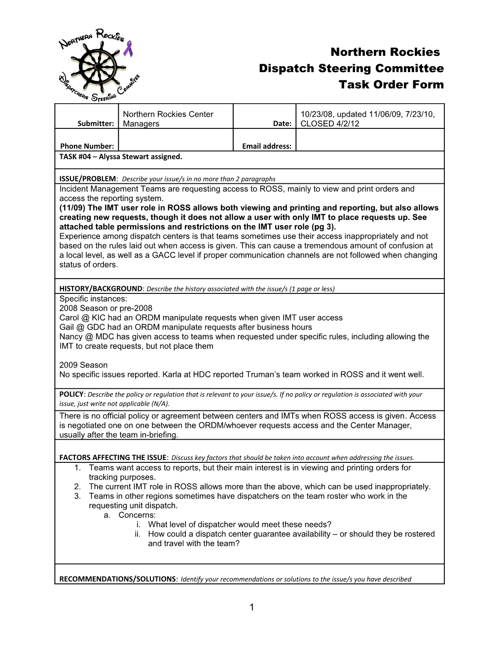 Northern Rockies Dispatch Steering Committee Task Order Form