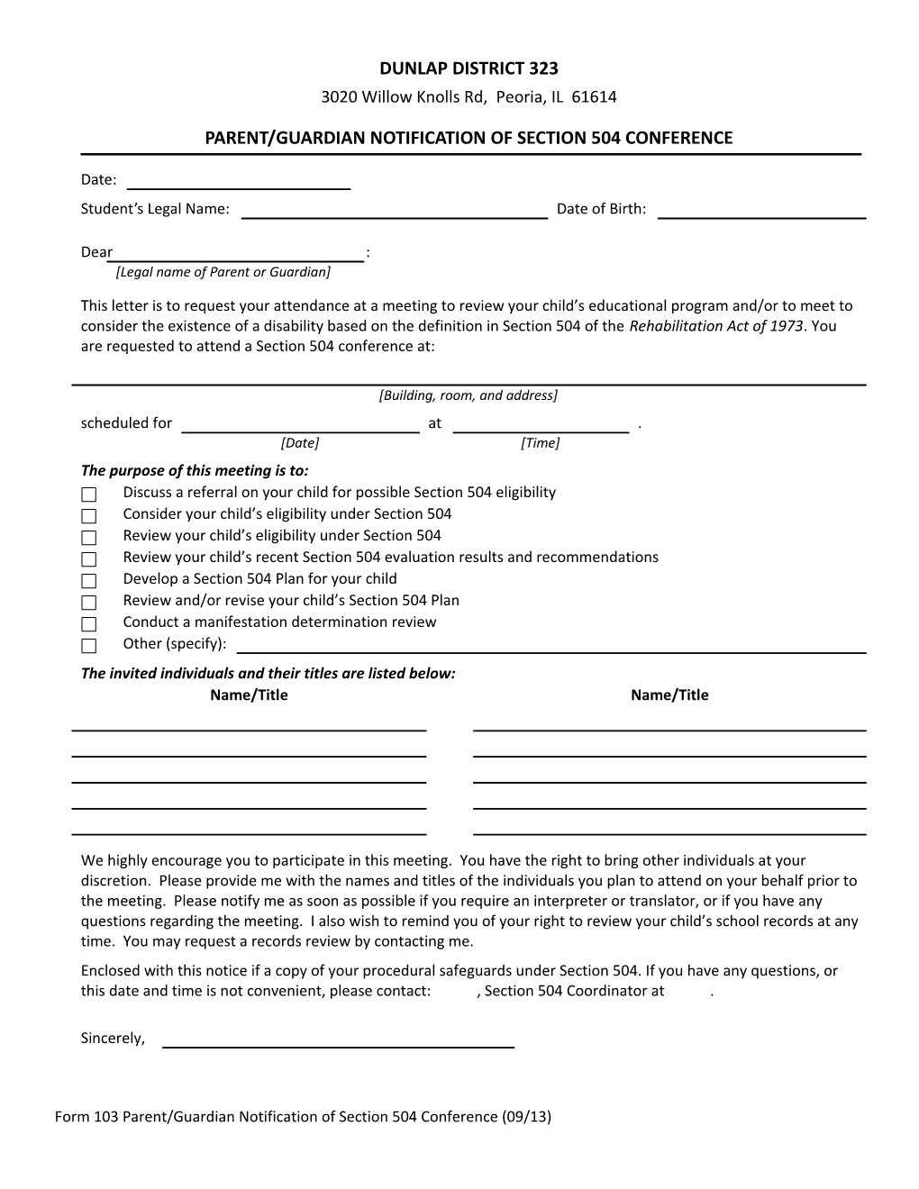 Form 103 Parent/Guardian Notification of Section 504 Conference (09/13)