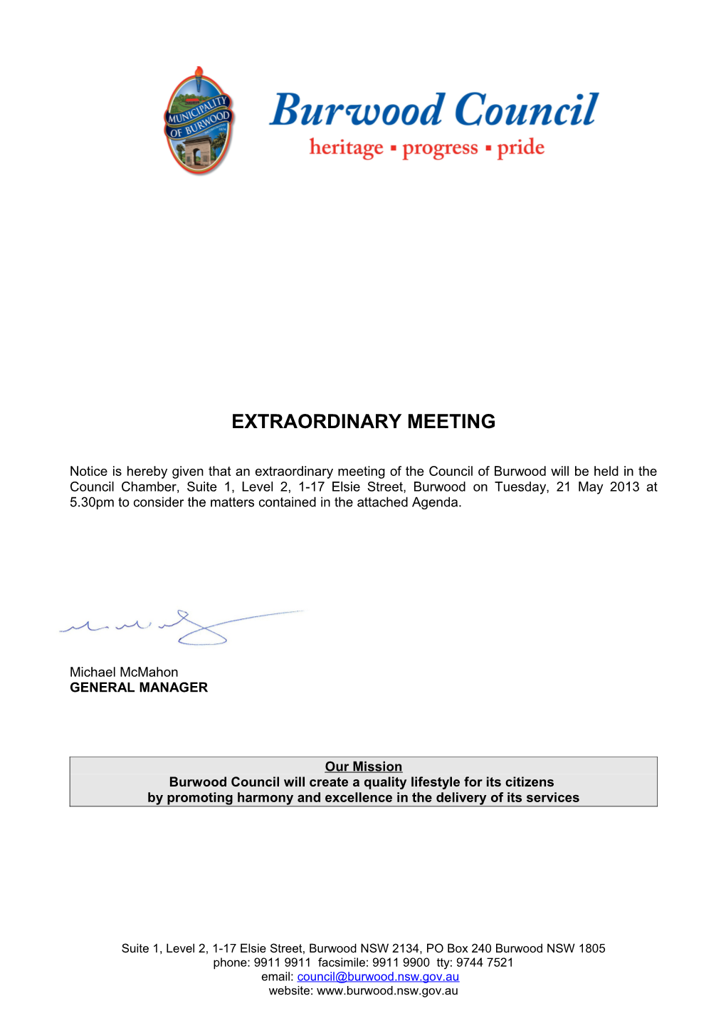 Agenda of Extraordinary Council Meeting - 21 May 2013