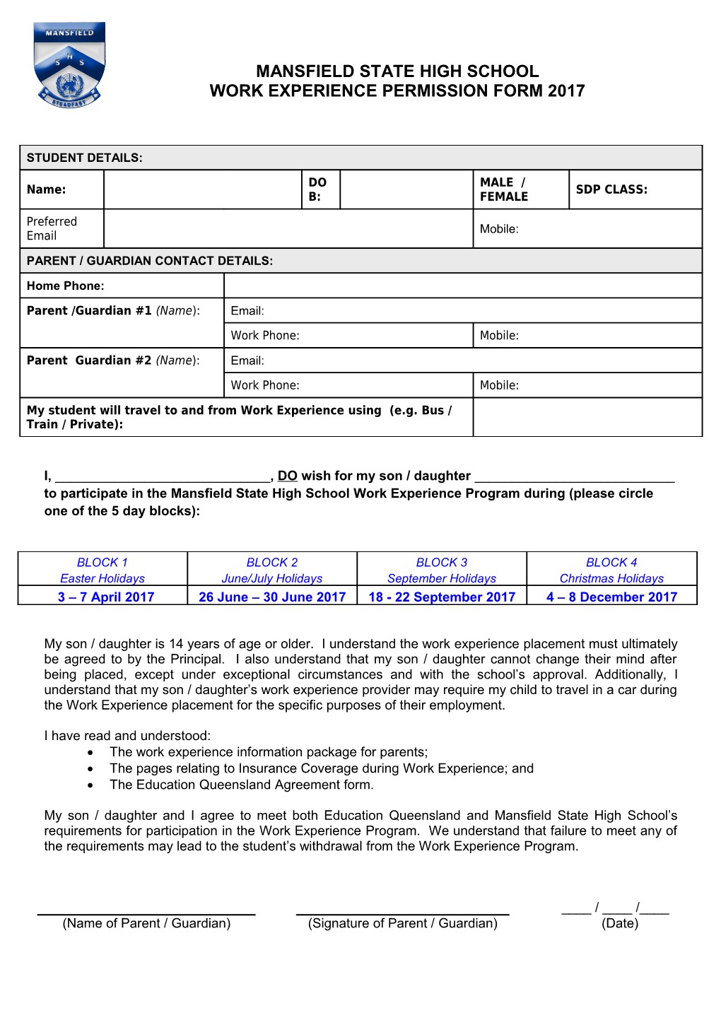 Senior School - Work Experience Parent Permission Letter