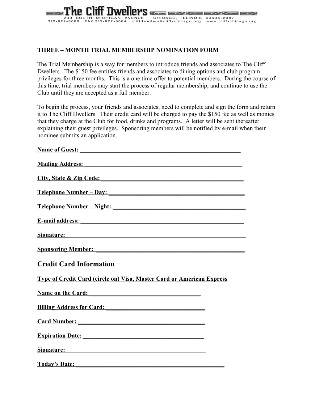 Three Month Trial Membership Nomination Form