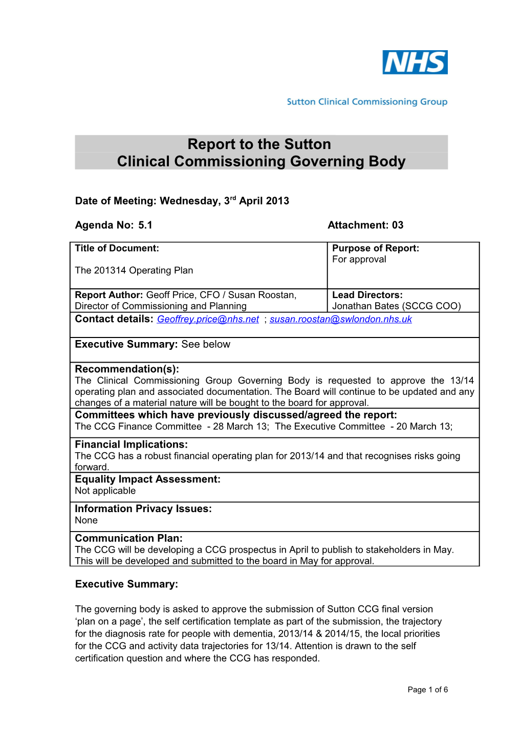 Clinical Commissioning Governing Body