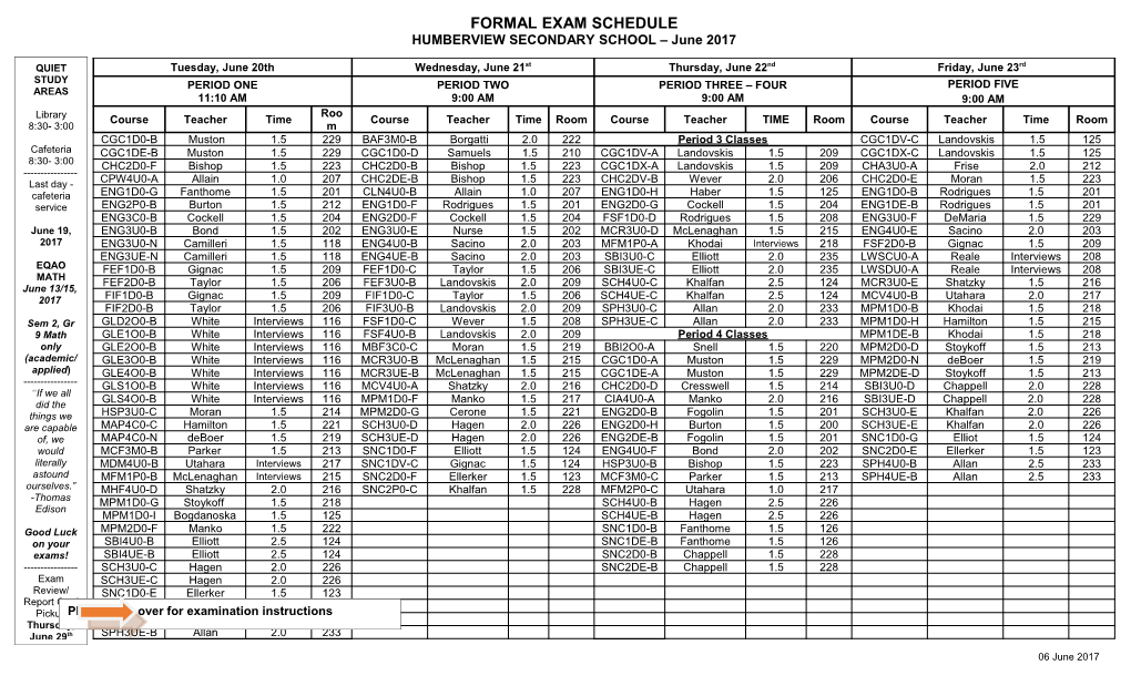 Exam Schedule Humberview Secondary School (June 2010)